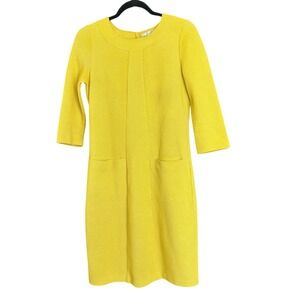 Boden Riva Jacquard 3/4 Sleeve Shift Dress Yellow Pockets 4L Retro Mod Design